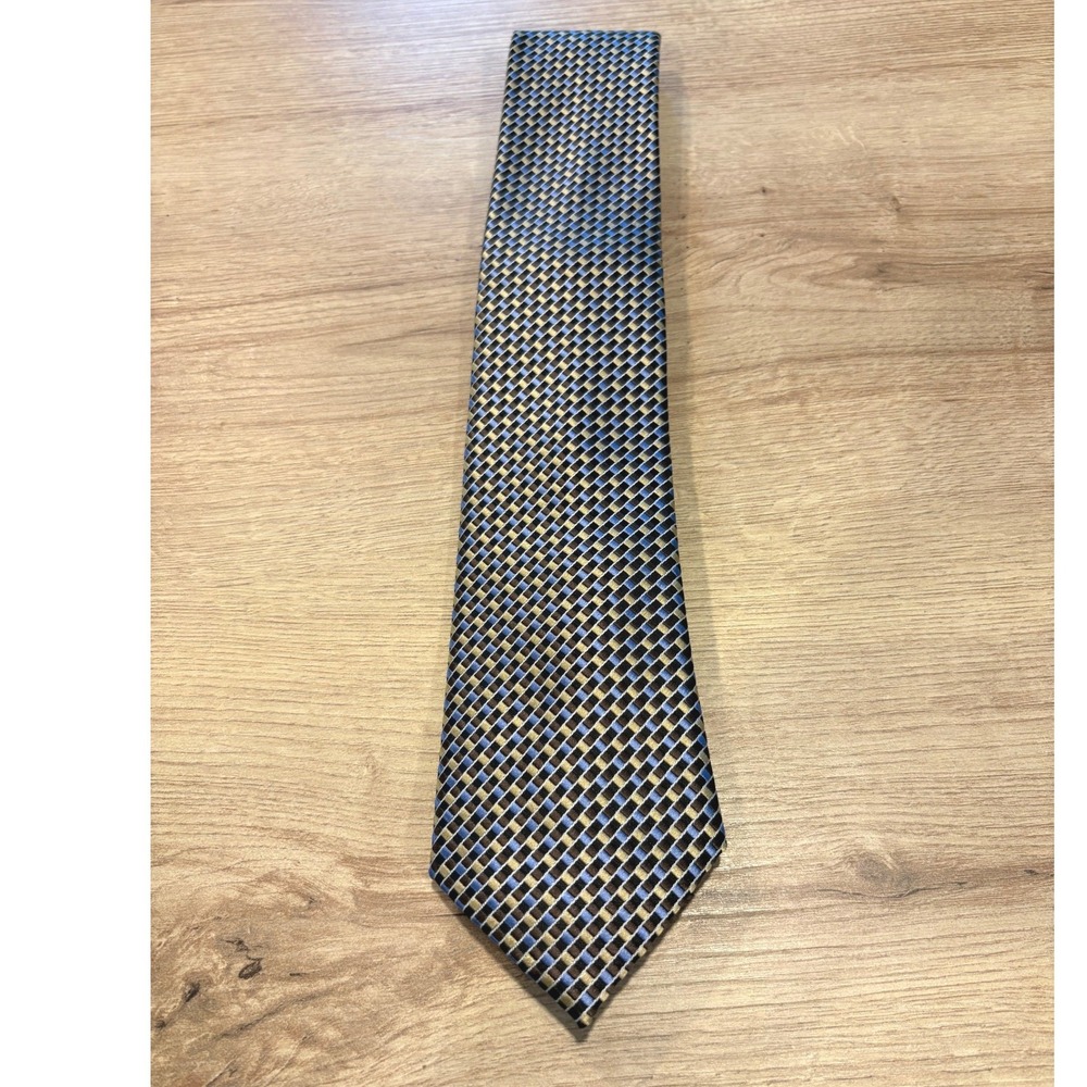 Mens Navy Blue Gold Black Geometric Basketweave Hand Made‎ Polyester Necktie